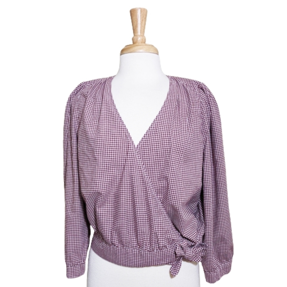 MADEWELL Burgundy Gingham Wrap Blouse/Top with 3/4 Sleeves - Picture 2 of 10